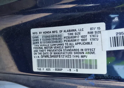 2015 Honda Odyssey Ex-L from USA, damaged, VIN 5FNRL5H68FB121423